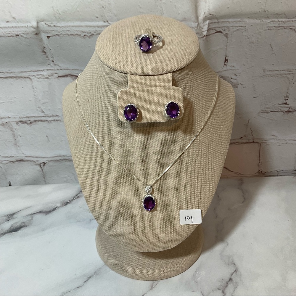 Real Amethyst on 925 Sterling Silver Pendant, Earrings, Necklace Set